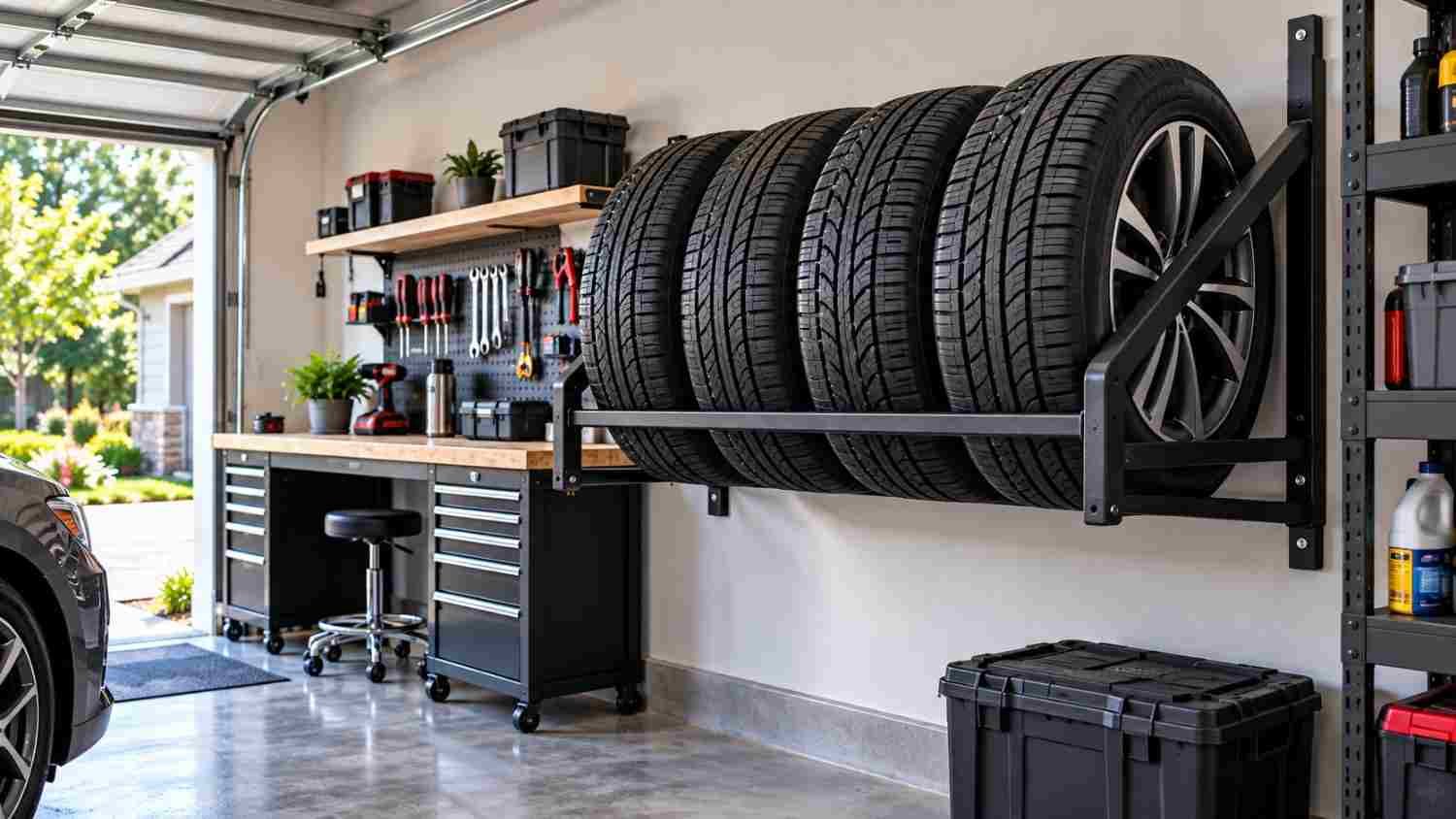 Wall-mounted tire rack storing four tires in a garage