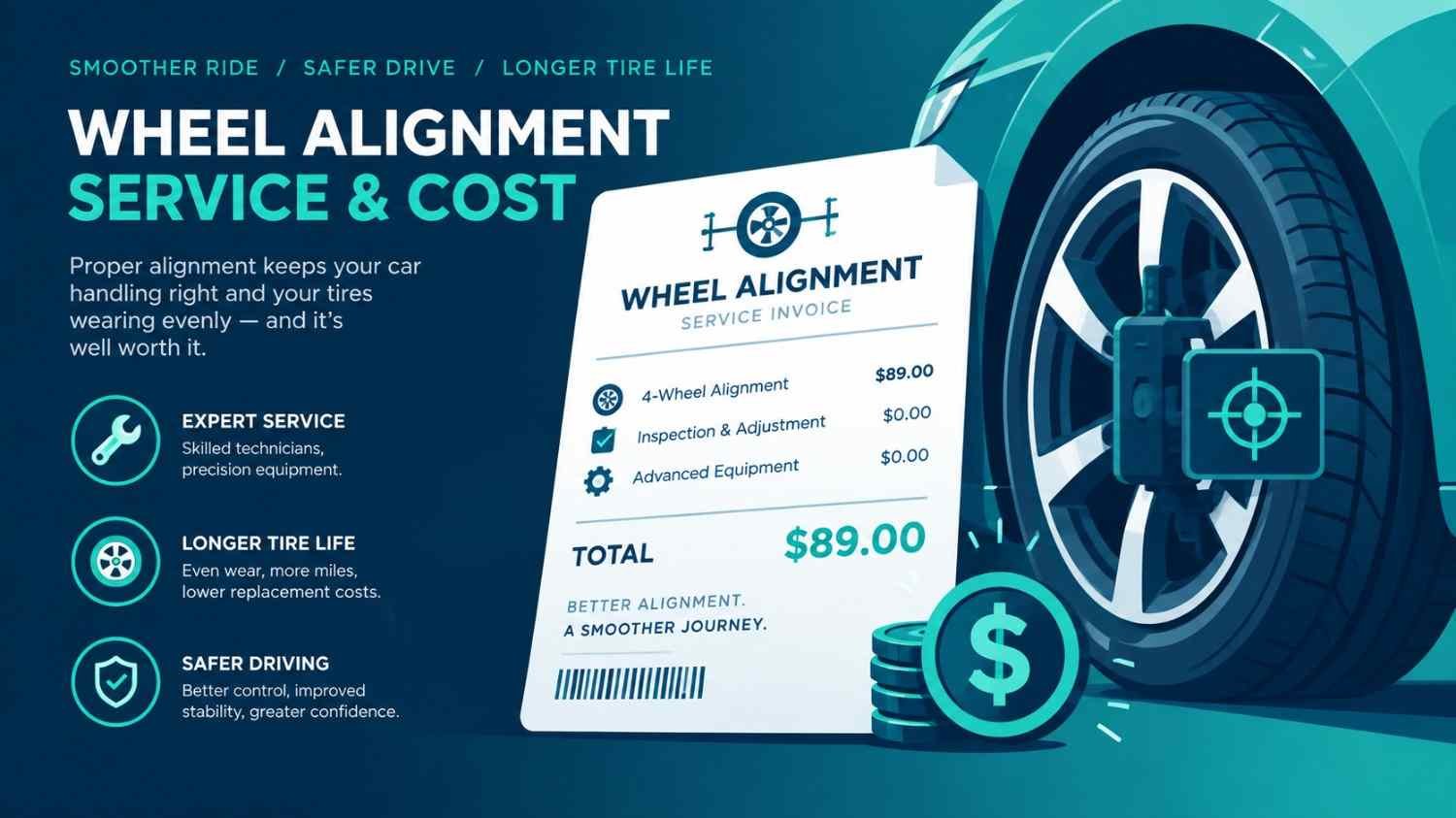 Wheel alignment service cost, benefits, and pricing chart showing impact on tire life