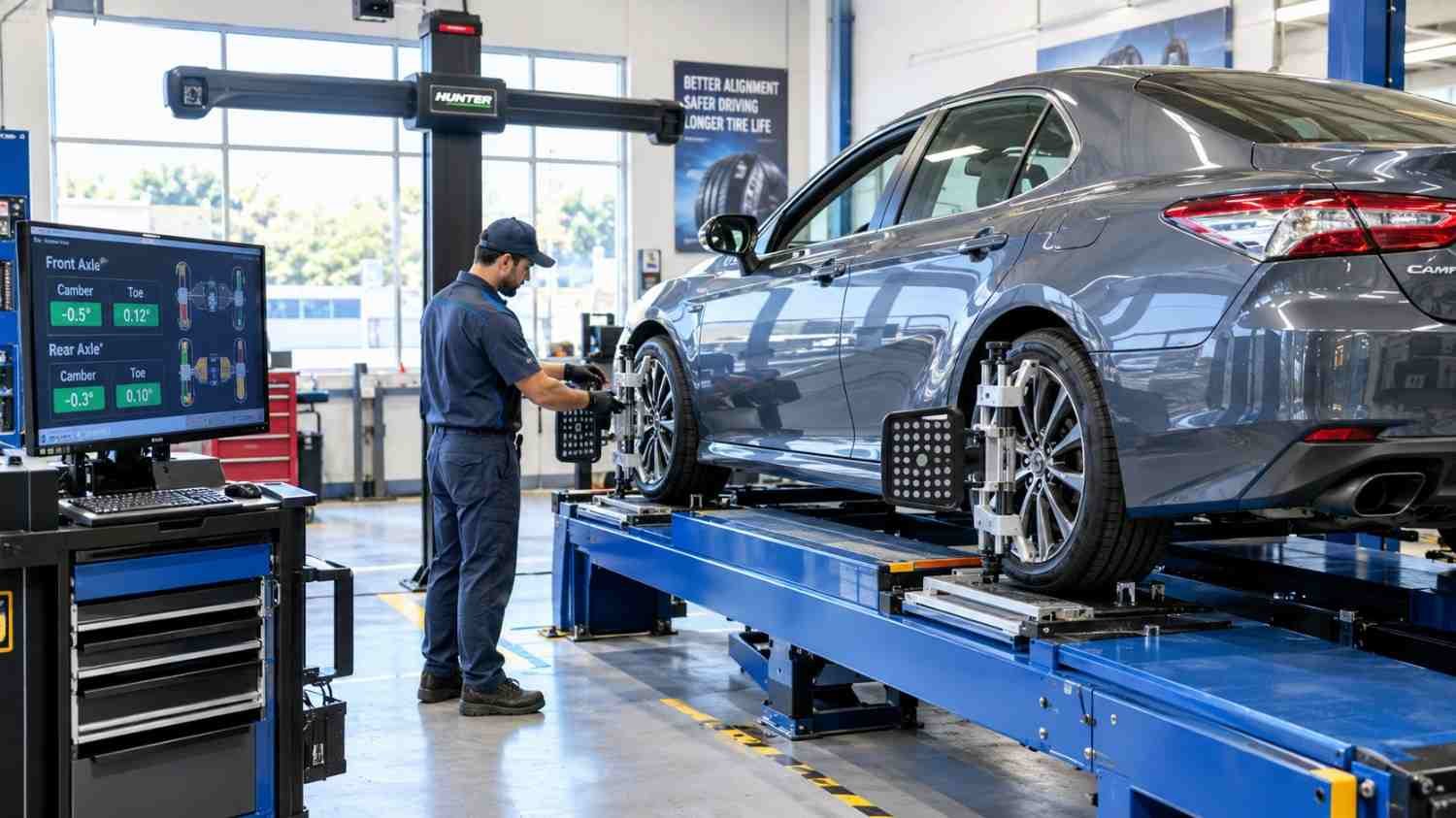 Mechanic performing a wheel alignment service near me on a modern sedan in Wichita, KS