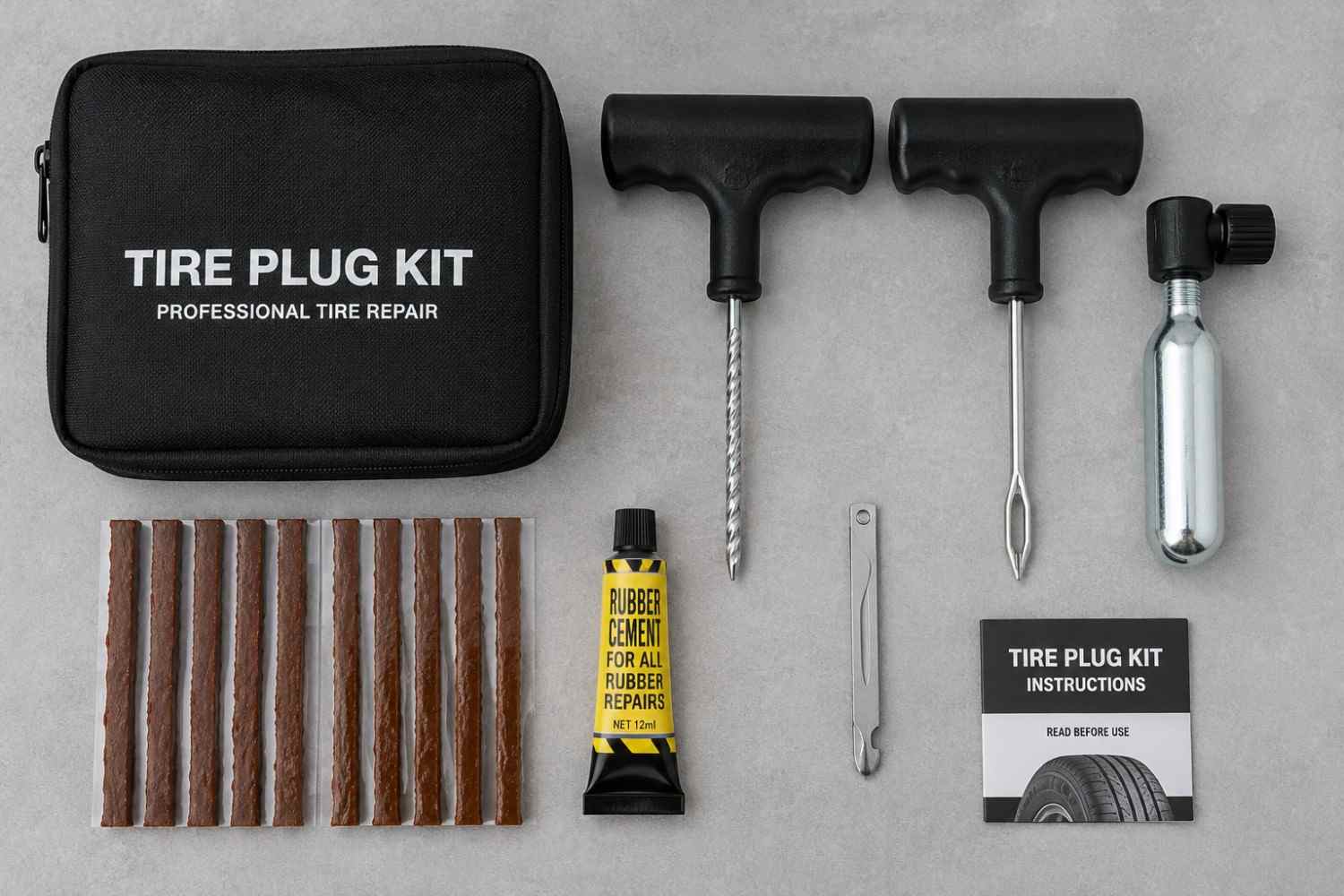 Complete tire plug repair kit with reamer, insertion tool, and plug strings